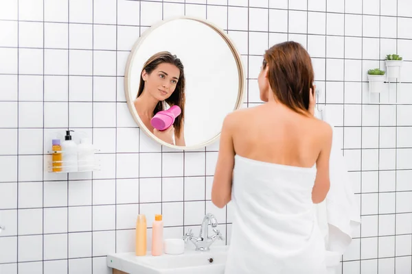 Young Woman Wrapped White Terry Towel Drying Hair Mirror Bathroom — Stock Photo, Image