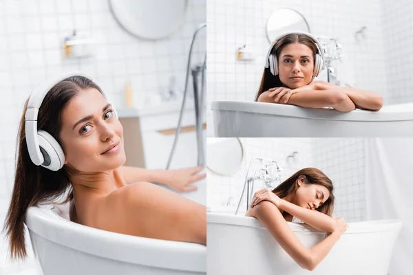 Collage Einer Jungen Frau Die Drahtlosen Kopfhörern Badet Und Musik — Stockfoto