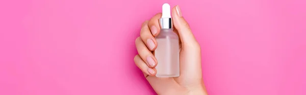 Cropped View Woman Bottle Cuticle Remover Pink Background Banner — Stock Photo, Image