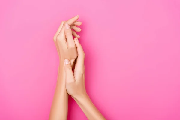 Top View Groomed Female Hands Pastel Manicure Pink Background — Stock Photo, Image