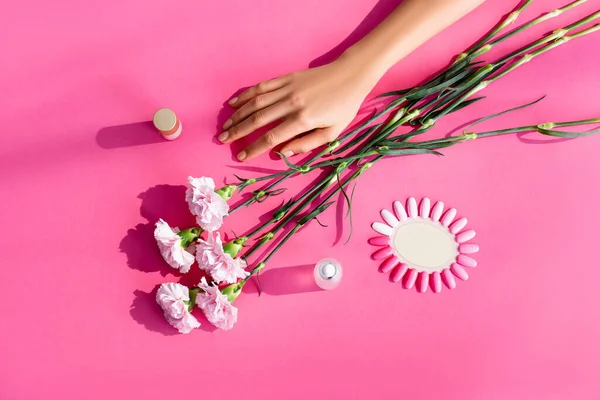 Bovenaanzicht Van Anjer Bloemen Buurt Van Vrouwelijke Hand Palet Van — Stockfoto