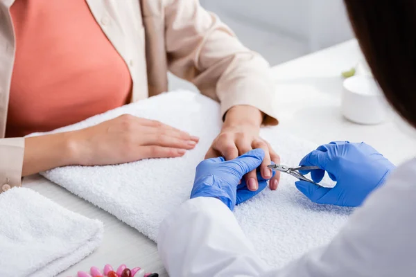 Partial View Manicurist Cutting Cuticle Nipper While Making Manicure Client — Stock Photo, Image