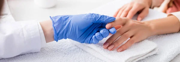 Cropped View Manicurist Touching Finger Client Banner — Stock Photo, Image