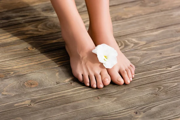 Pieds Féminins Avec Vernis Rose Brillant Sur Les Ongles Des — Photo