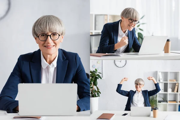 Collage Happy Team Leader Glasses Celebrating Triumph Working Office — Stock Photo, Image