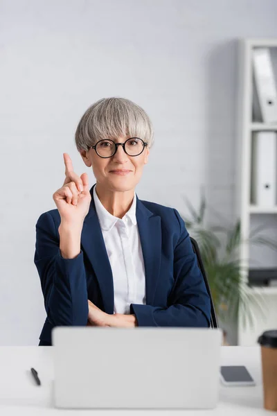 Happy Middle Aged Team Leader Glasses Pointing Finger Looking Camera — Stok Foto