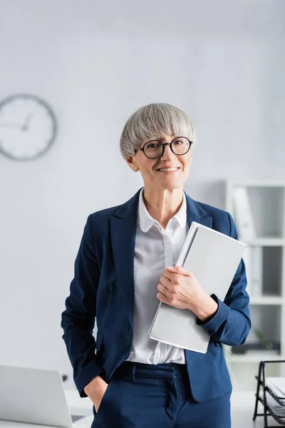 Happy Middle Aged Team Leader Glasses Suit Standing Hand Pocket — Stock Photo, Image