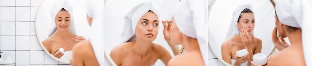 collage of woman holding dental floss, tweezing eyebrows, and applying face cream in bathroom, banner
