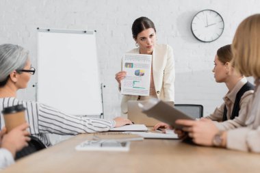 Ofiste yapılan toplantıda takım lideri, çok kültürlü iş kadınlarının yakınında çizelgeler tutuyor. 