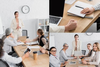 collage of team leader standing near multicultural businesswomen during meeting in office  clipart