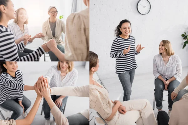 Collage Smiling African American Speaker Standing Group Women Holding Hands — Stock Photo, Image