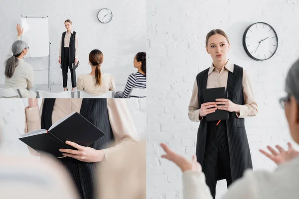 Collage Speaker Holding Notebook Multicultural Audience Women Seminar — Stock Photo, Image