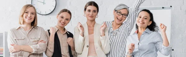 Excited Multicultural Businesswomen Celebrating Meeting Room Banner — Stock Photo, Image