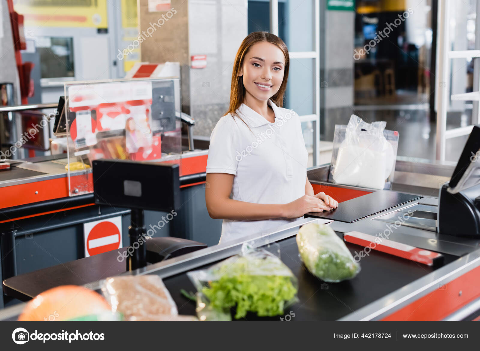 Smiling Cashier Looking Camera Groceries Supermarket Checkout Stock