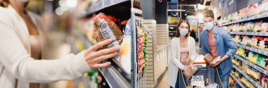 Collage of woman taking package with buckwheat and couple in medical masks standing in supermarket, banner 