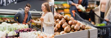 Collage of smiling couple choosing vegetables in supermarket, banner 