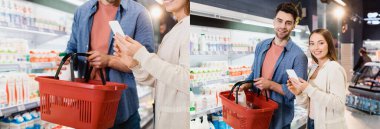 Collage of smiling woman holding smartphone near boyfriend with shopping basket and bottle in supermarket, banner 
