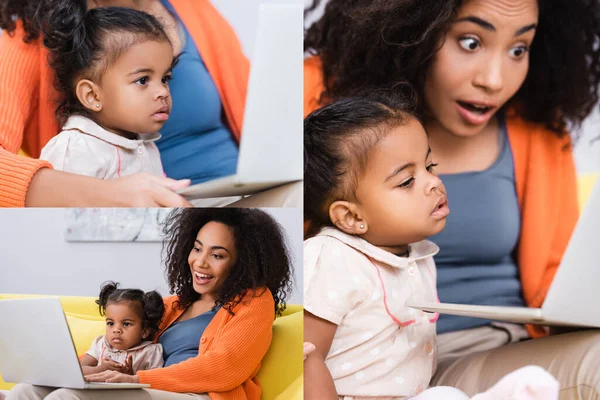 非洲裔美国自由职业者在客厅用笔记本电脑在幼儿女儿身边拼贴的照片 — 图库照片
