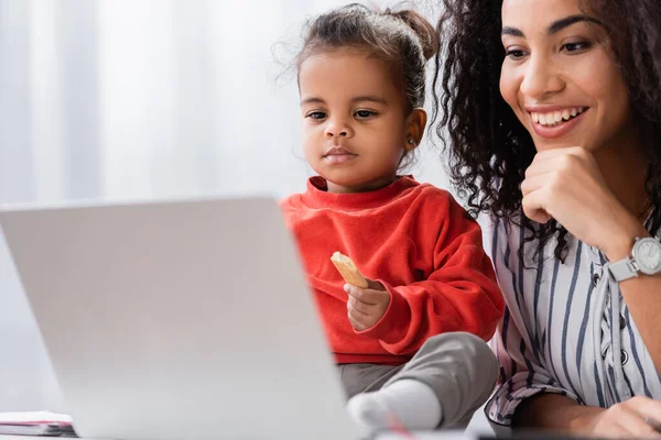 Toddler African American Kid Holding Tasty Cookie Happy Mother Looking — Stock Photo, Image