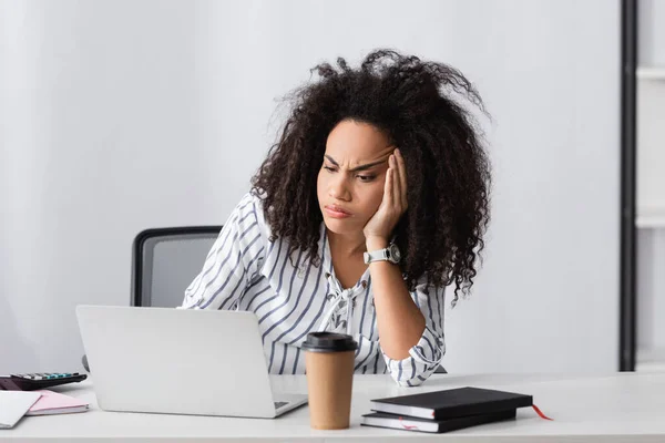 Displeased African American Freelancer Looking Laptop While Working Home — Stock Photo, Image