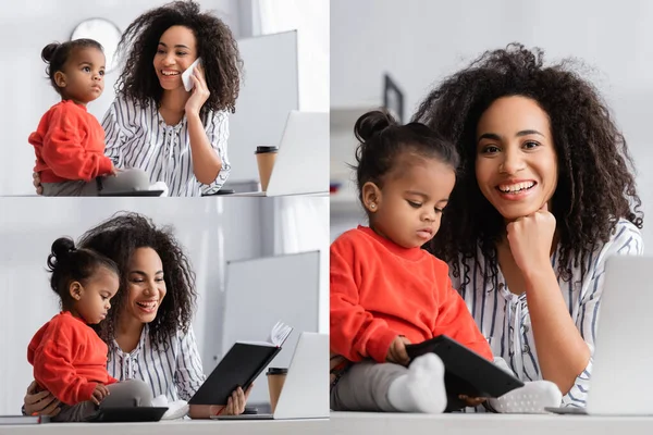 Collage Cheerful African American Mother Talking Smartphone Toddler Daughter Desk — Stock Photo, Image