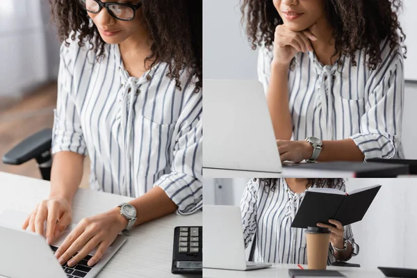 Collage Eines Afrikanisch Amerikanischen Freelancers Der Von Hause Aus Laptop — Stockfoto