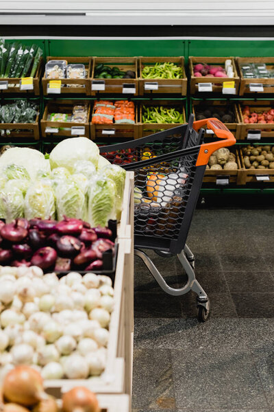 Shopping cart near fresh vegetables on blurred foreground in supermarket 