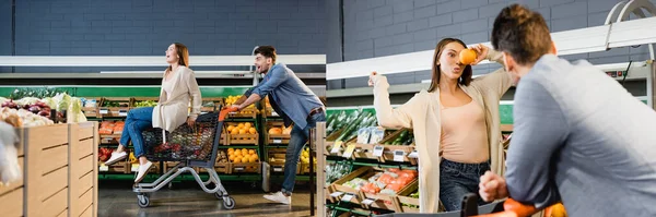 Collage Woman Holding Orange Rolling Boyfriend Shopping Cart Supermarket Banner — Stok fotoğraf