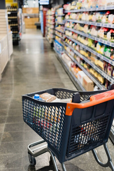 Shopping cart with groceries in supermarket on blurred background 