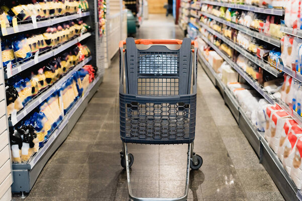 Empty shopping trolley near shelves with food in supermarket 