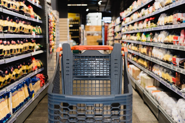Shopping cart near groceries in supermarket on blurred background 