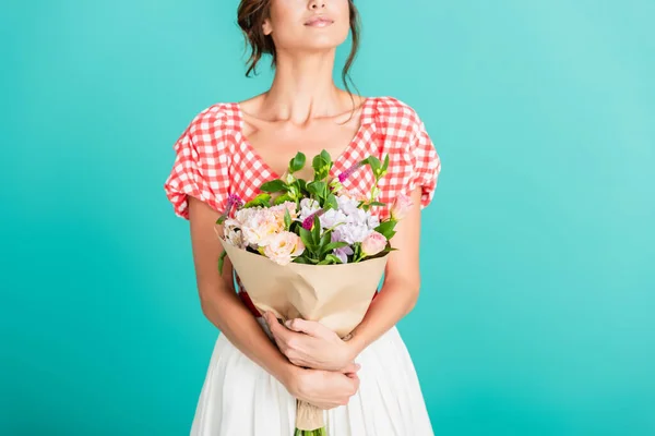 Partial View Woman Stylish Retro Clothes Holding Bouquet Isolated Turquoise — Stock Photo, Image