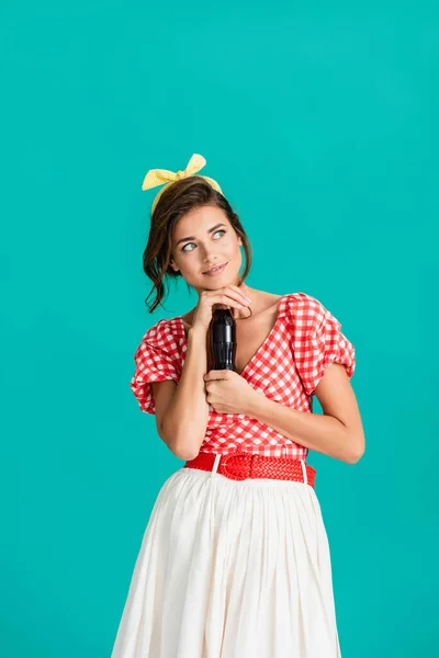 Smiling Dreamy Pin Woman Looking Away While Holding Bottle Soda — Stock Photo, Image