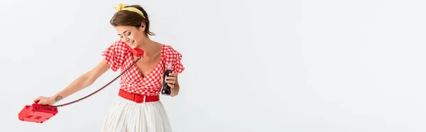 Happy Pin Woman Holding Bottle Soda Talking Retro Phone Isolated — Stock Photo, Image