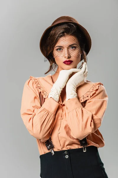 Young Woman Looking Camera While Posing Vintage Clothes Isolated Grey — Stock Photo, Image