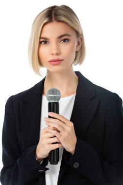 young blonde news anchor with microphone looking at camera isolated on white clipart