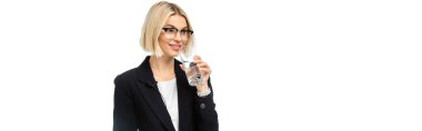 smiling anchorwoman in eyeglasses drinking water isolated on white, banner clipart