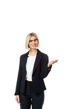 happy blonde news anchor pointing with hand isolated on white clipart