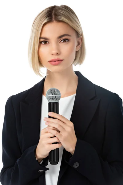 Young Blonde News Anchor Microphone Looking Camera Isolated White — Stock Photo, Image