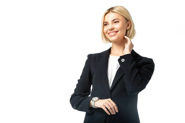 Happy Blonde Businesswoman Touching Neck While Looking Away Isolated White — Stock Photo, Image