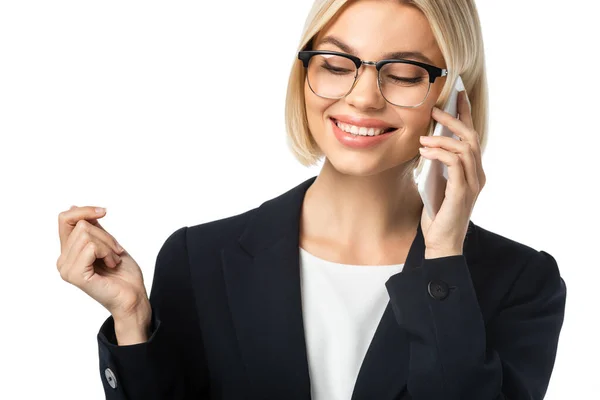 Happy Businesswoman Eyeglasses Talking Mobile Phone Isolated White — Stock Photo, Image