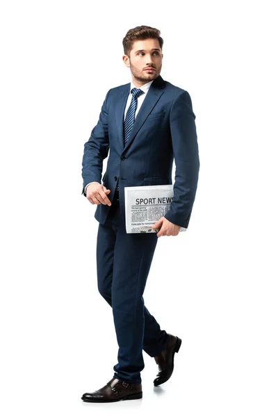 Full Length View Young Businessman Looking Away While Walking Newspaper — Stock Photo, Image