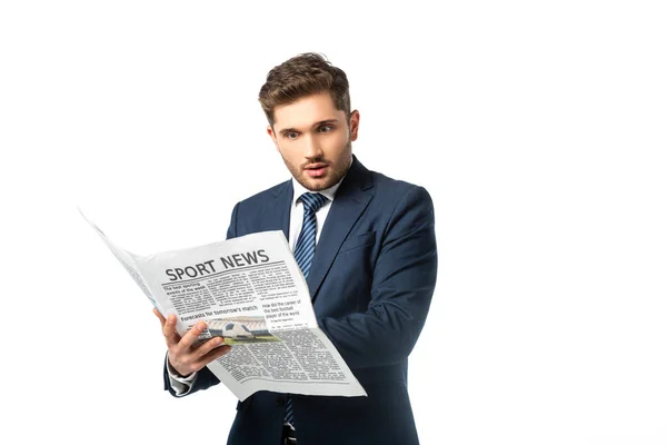 Amazed Businessman Sport News Newspaper Isolated White — Stock Photo, Image