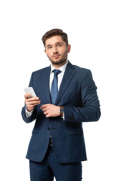 Young Businessman Looking Camera While Holding Mobile Phone Isolated White — Stock Photo, Image