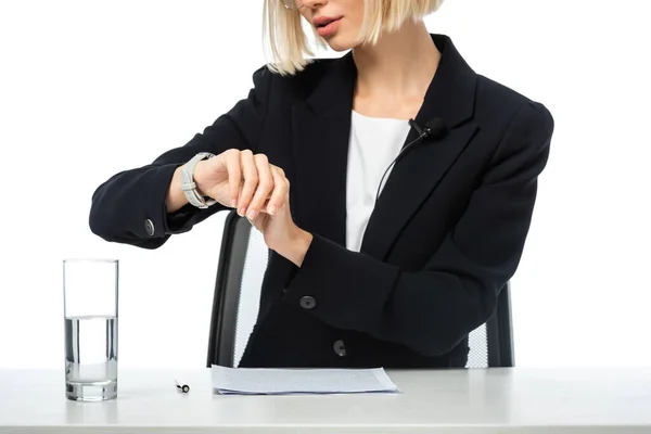 Cropped View Anchorwoman Checking Time Wristwatch Workplace Isolated White — Stock Photo, Image