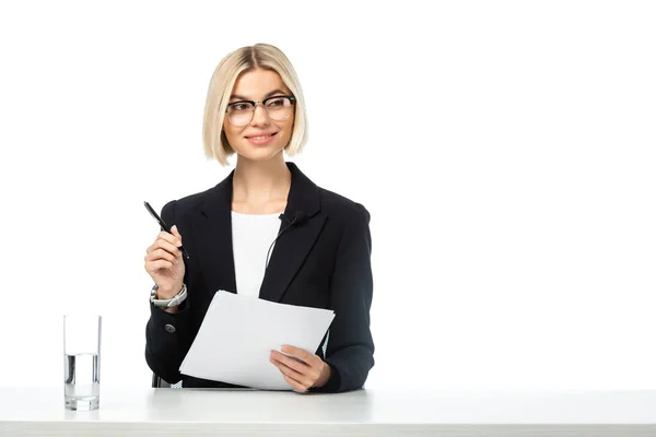 Young Happy Freelancer Holding Papers Pen Workplace Isolated White — Stock Photo, Image