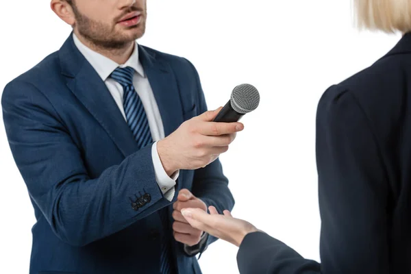 Cropped View Newscaster Microphone Taking Interview Businesswoman Isolated White — Stock Photo, Image
