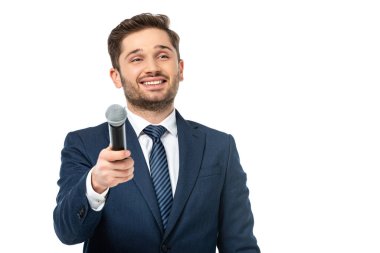 happy news presenter holding microphone while looking away isolated on white clipart