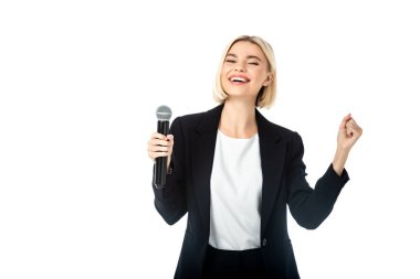 excited news anchor with microphone showing triumph gesture isolated on white clipart
