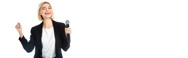 cheerful news anchor with microphone showing win gesture isolated on white, banner clipart
